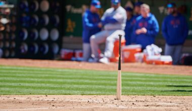 Apr 15, 2023; Oakland, California, USA; A baseball bat stands vertically on end in the batter's box during a stoppage of play in the fourth inning of the game between the Oakland Athletics and New York Mets at RingCentral Coliseum. Mandatory Credit: Robert Edwards-Imagn Images
