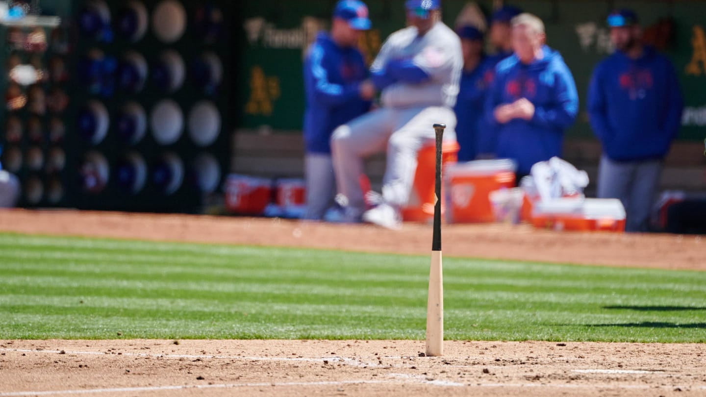 Apr 15, 2023; Oakland, California, USA; A baseball bat stands vertically on end in the batter's box during a stoppage of play in the fourth inning of the game between the Oakland Athletics and New York Mets at RingCentral Coliseum. Mandatory Credit: Robert Edwards-Imagn Images