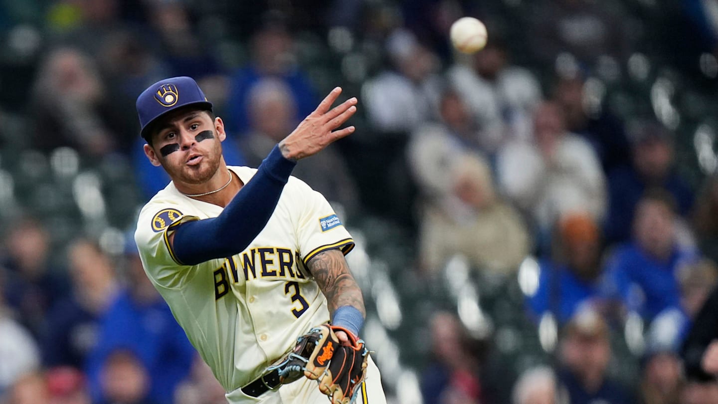 Minnesota Twins right fielder Manuel Margot (13) bunts a groundout to Milwaukee Brewers third baseman Joey Ortiz (3) who throws to Milwaukee Brewers first baseman Rhys Hoskins (12) during the fourth inning of the game on Wednesday April 3, 2024 at American Family Field in Milwaukee, Wis.