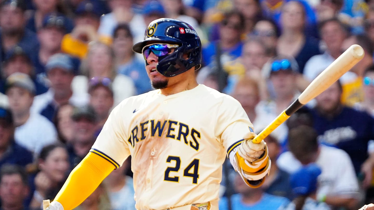 Milwaukee Brewers catcher William Contreras (24) grounds into a double play during the fifth inning of the National League Division Series game against the Chicago Cubs on Saturday October 4, 2025 at American Family Field in Milwaukee, Wisconsin.