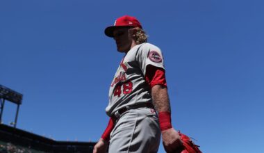 Jul 5, 2021; San Francisco, California, USA; St. Louis Cardinals center fielder Harrison Bader (48) during the game against the San Francisco Giants at Oracle Park. Mandatory Credit: Sergio Estrada-Imagn Images