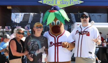 Maria Kolotos and Howard Weisberg meet up with the aptly named mascot, Palmer, and his handler MC Patrick. The 5th Annual Grilled Cheese Festival took place at CoolToday Park in North Port on Nov. 22nd with about 3,000 guests in attendance. The free event coincides each year with the first day of the Atlanta Braves spring training single game tickets going on sale.