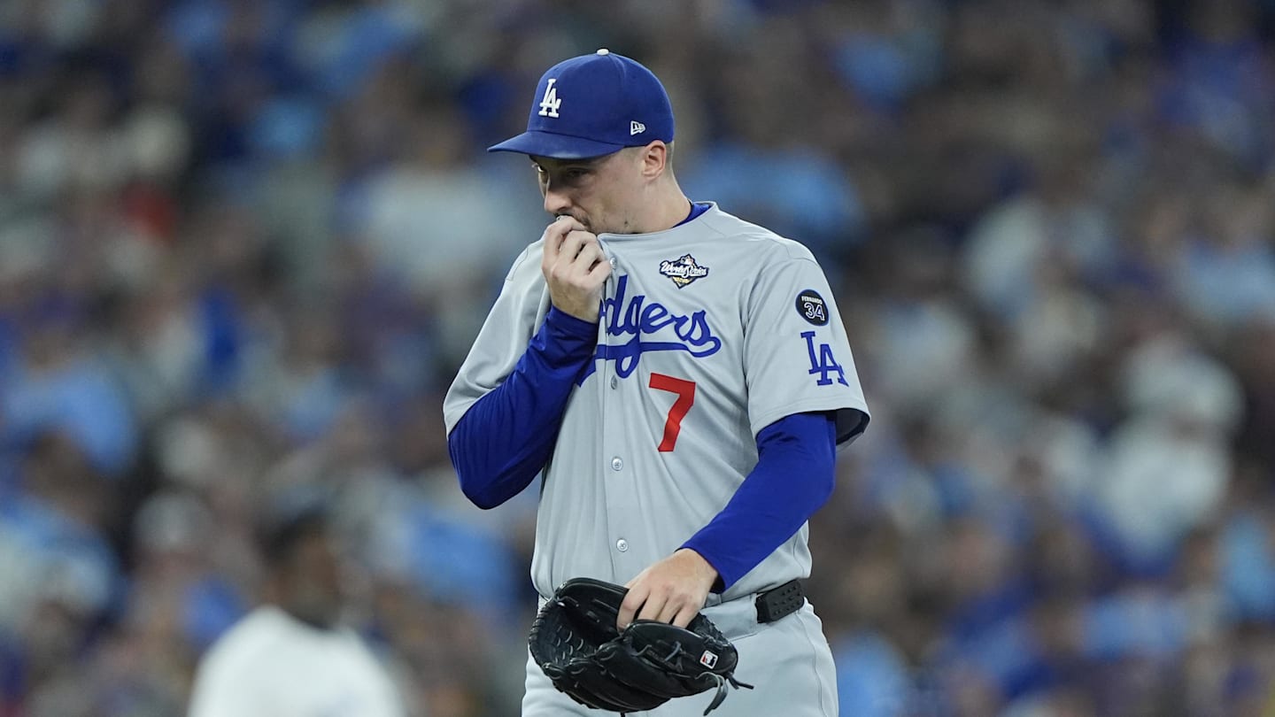 Nov 1, 2025; Toronto, Ontario, CAN; Los Angeles Dodgers pitcher Blake Snell (7) is relieved in the ninth inning against the Toronto Blue Jays during game seven of the 2025 MLB World Series at Rogers Centre. Mandatory Credit: John E. Sokolowski-Imagn Images