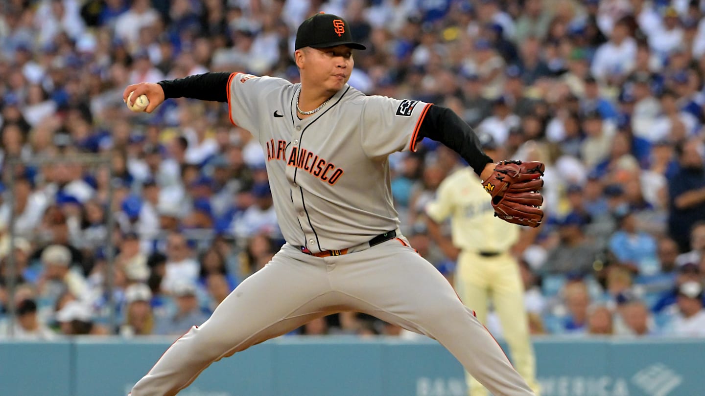 Sep 20, 2025; Los Angeles, California, USA;  San Francisco Giants starting pitcher Kai-Wei Teng (66) delivers to the plate in the first inning against the Los Angeles Dodgers at Dodger Stadium. Mandatory Credit: Jayne Kamin-Oncea-Imagn Images