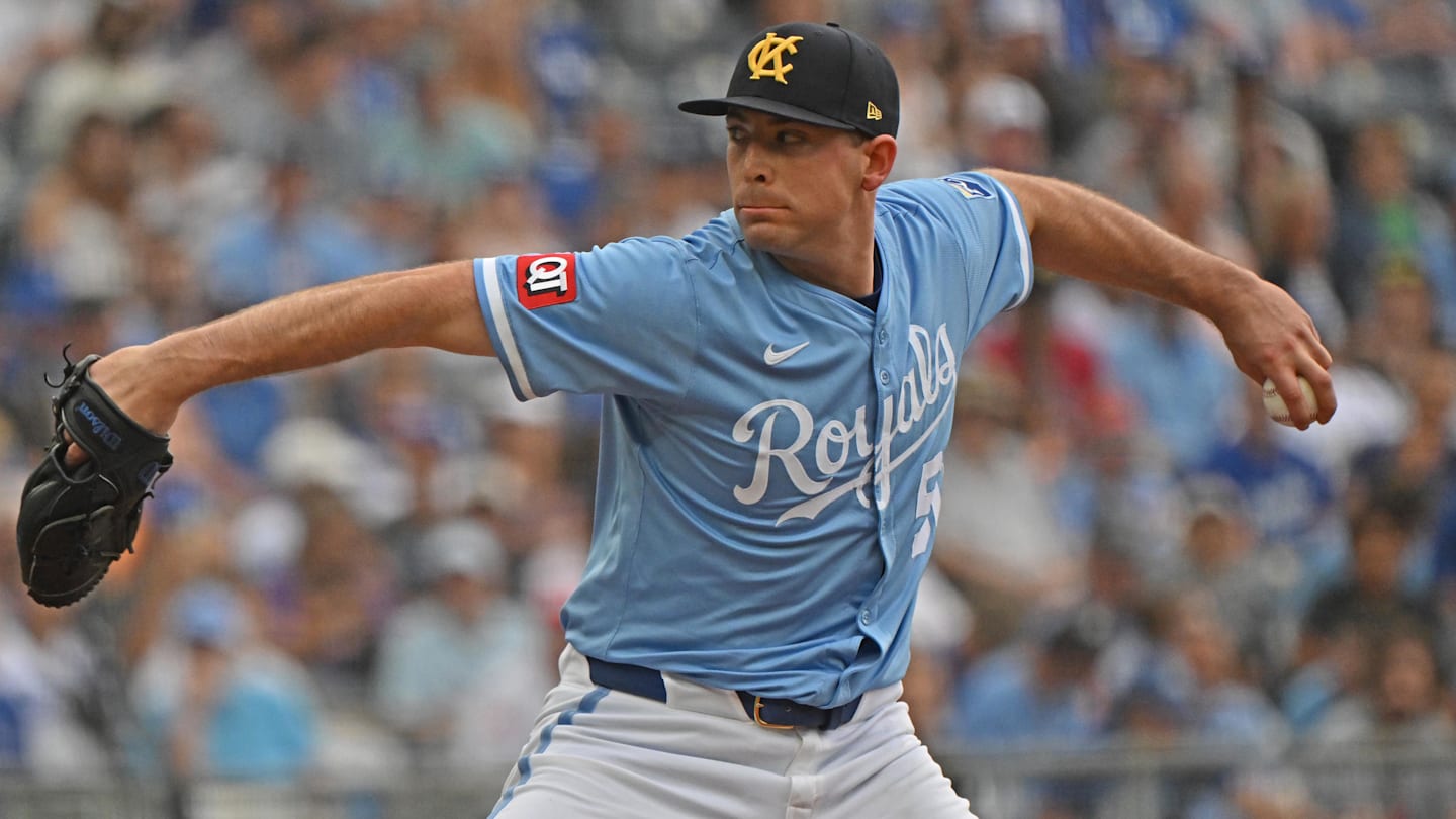 Jun 29, 2025; Kansas City, Missouri, USA;  Kansas City Royals starting pitcher Kris Bubic (50) throws a pitch in the first inning against the Los Angeles Dodgers at Kauffman Stadium. Mandatory Credit: Peter Aiken-Imagn Images