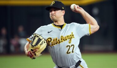 Jul 27, 2024; Phoenix, Arizona, USA; Pittsburgh Pirates pitcher Marco Gonzales (27) pitches against the Arizona Diamondbacks during the first inning at Chase Field. Mandatory Credit: Joe Camporeale-Imagn Images