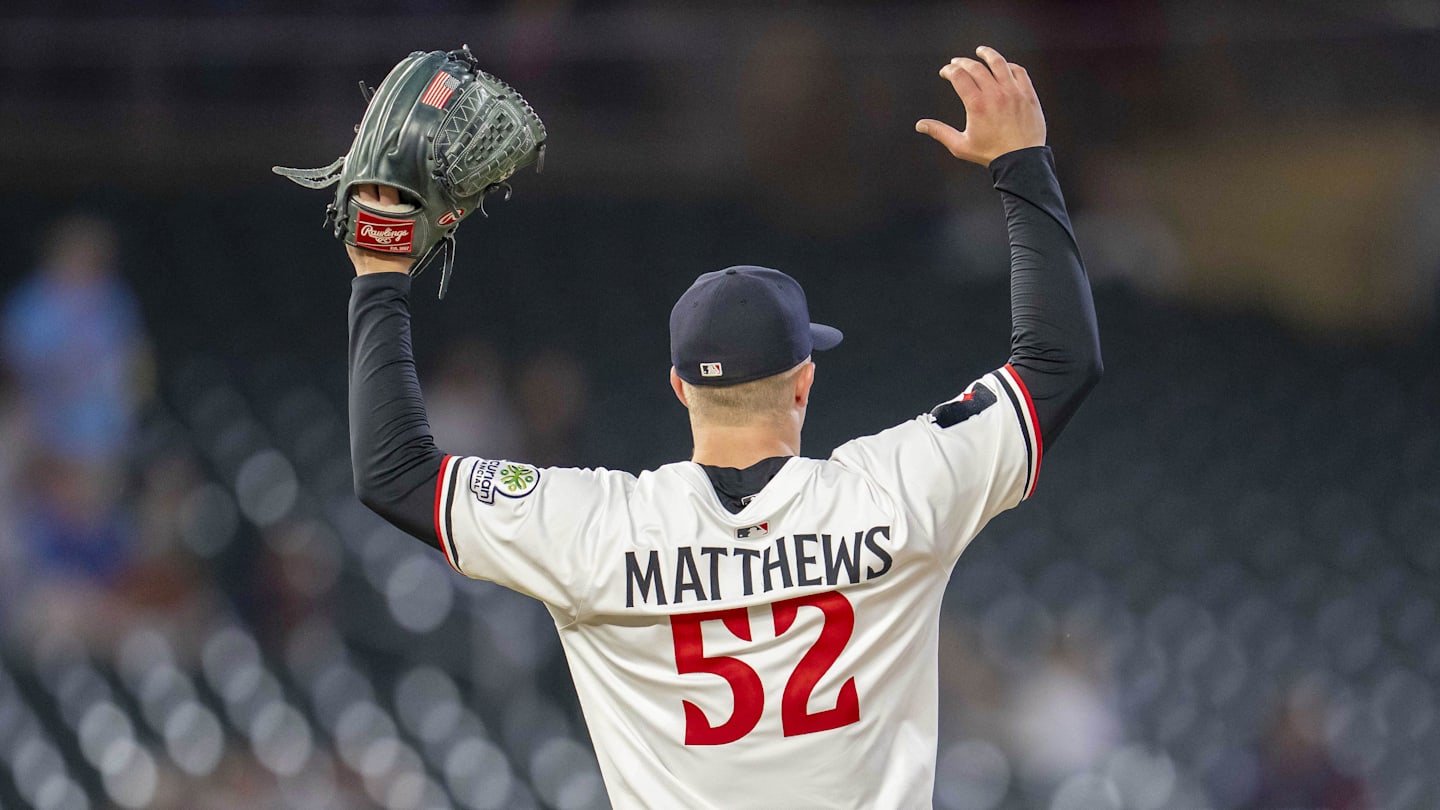 Sep 3, 2025; Minneapolis, Minnesota, USA; Minnesota Twins starting pitcher Zebby Matthews (52) reacts to Minnesota Twins left fielder Austin Martin (not pictured) catching a fly ball at the wall against the Chicago White Sox in the fifth inning at Target Field. Mandatory Credit: Jesse Johnson-Imagn Images