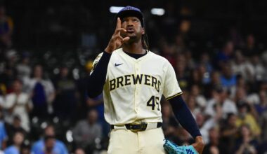 Sep 17, 2025; Milwaukee, Wisconsin, USA;  Milwaukee Brewers pitcher Abner Uribe (45) reacts after beating the Los Angeles Angels at American Family Field. Mandatory Credit: Benny Sieu-Imagn Images