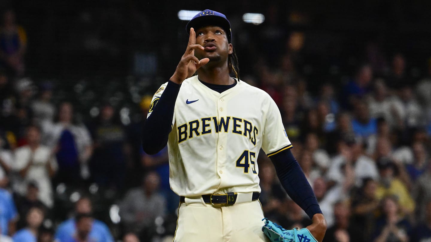 Sep 17, 2025; Milwaukee, Wisconsin, USA;  Milwaukee Brewers pitcher Abner Uribe (45) reacts after beating the Los Angeles Angels at American Family Field. Mandatory Credit: Benny Sieu-Imagn Images