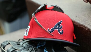 wMar 1, 2025; North Port, Florida, USA; A detail view of Atlanta Braves hat, sunglasses and glove in the dugout during the fifth inning at CoolToday Park. Mandatory Credit: Kim Klement Neitzel-Imagn Images