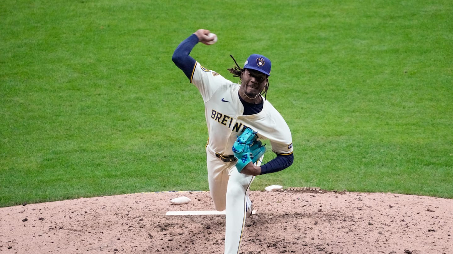 Oct 13, 2025; Milwaukee, Wisconsin, USA; Milwaukee Brewers pitcher Abner Uribe (45) throws a pitch against the Los Angeles Dodgers in the ninth inning during game one of the NLCS round for the 2025 MLB playoffs at American Family Field. Mandatory Credit: Michael McLoone-Imagn Images