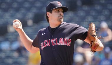 Sep 18, 2023; Kansas City, Missouri, USA; Cleveland Guardians starting pitcher Cal Quantrill (47) delivers against the Kansas City Royals in the first inning at Kauffman Stadium. Mandatory Credit: Denny Medley-Imagn Images