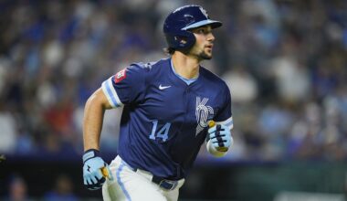 Sep 19, 2025; Kansas City, Missouri, USA; Kansas City Royals right fielder Jac Caglianone (14) rounds the bases after hitting a home run during the seventh inning against the Toronto Blue Jays at Kauffman Stadium. Mandatory Credit: Jay Biggerstaff-Imagn Images