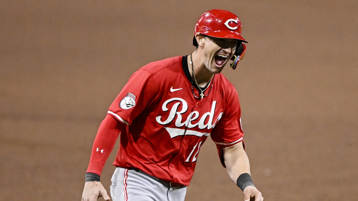 Sep 8, 2025; San Diego, California, USA; Cincinnati Reds left fielder Austin Hays (12) celebrates after hitting a solo home run during the sixth inning against the San Diego Padres at Petco Park. Mandatory Credit: Denis Poroy-Imagn Images