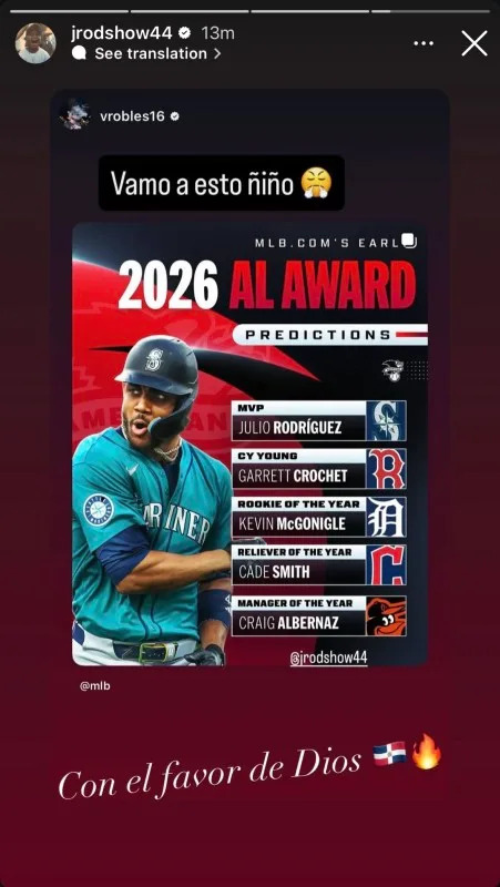 Seattle Mariners center fielder Julio Rodriguez responds to teammate Victor Robles on Jan. 3, 2026&commat;jrodshow44 on Instagram