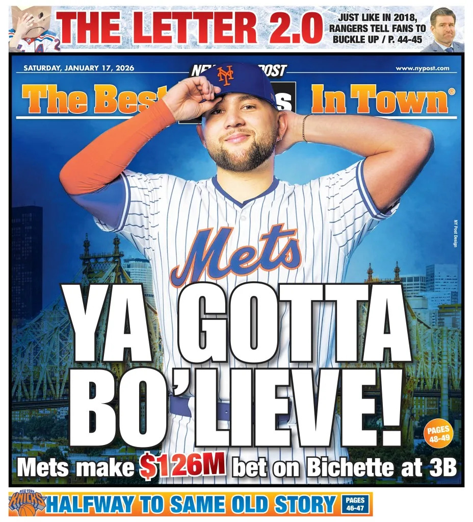 The New York Post back page for Jan. 17, 2026, featuring the news of the Mets signing Bo Bichette.