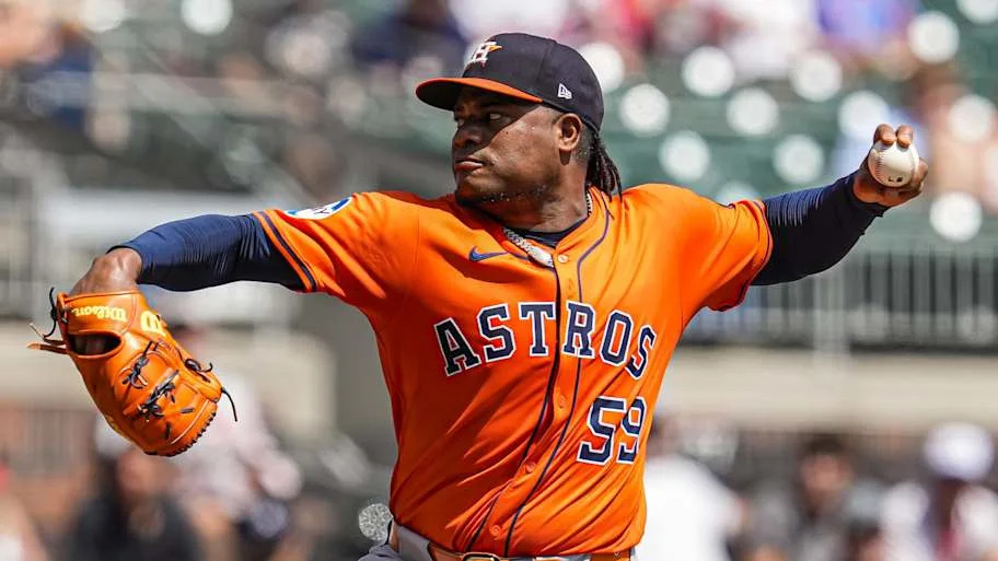Framber Valdez of Houston Astros throws pitch from left hand.