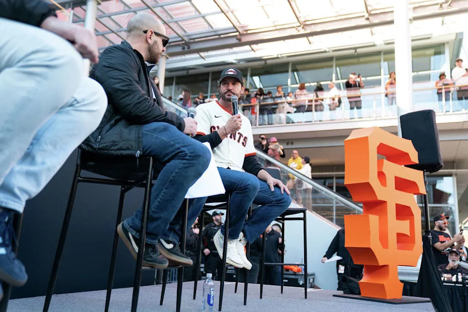 Giants manager Tony Vitello addresses a packed house during the San Francisco Giants Fanfest at Bishop Ranch in San Ramon on Saturday. (Don Feria/For the S.F. Chronicle)