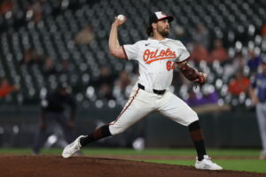 A man wearing a baseball uniform about to throw a ball.