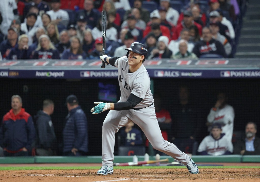 Anthony Rizzo #48 of the New York Yankees hits a single during the fourth inning.
