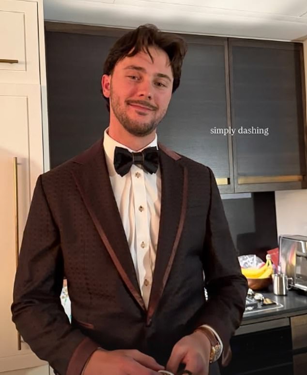Baseball star Skenes looked dashing in a burgundy dinner jacket and black bowtie