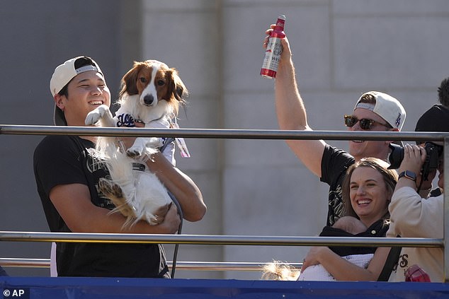 The pooch joined in the World Series celebrations atop a double decker bus in Los Angeles