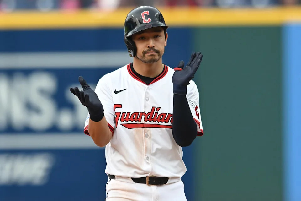 Jun 7, 2025; Cleveland, Ohio, USA; Cleveland Guardians left fielder Steven Kwan (38) celebrates after hitting a double during the ninth inning against the Houston Astros at Progressive Field. Mandatory Credit: Ken Blaze-Imagn Images