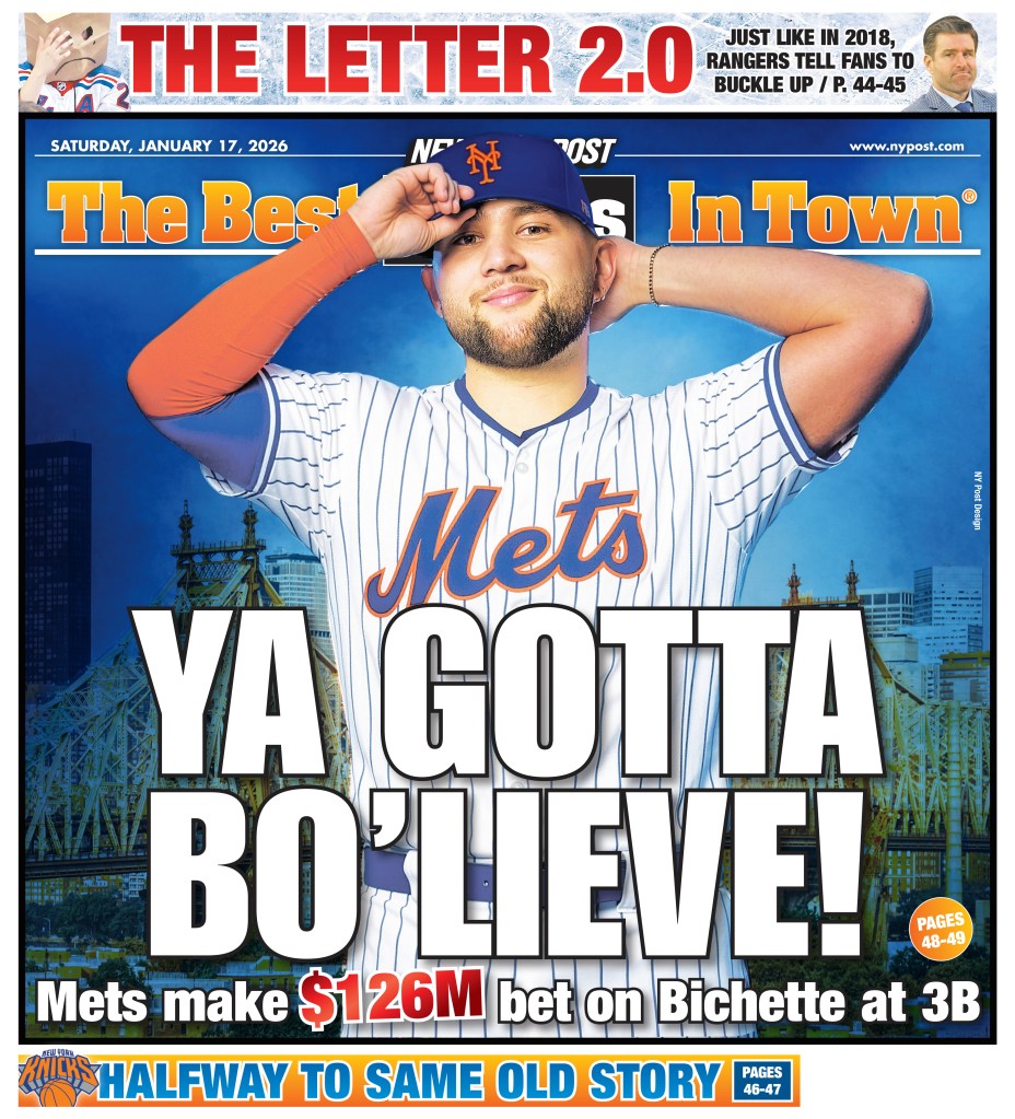 Mets player Bo Bichette on the back page of the New York Post with the headline "YA GOTTA BO'LIEVE!"