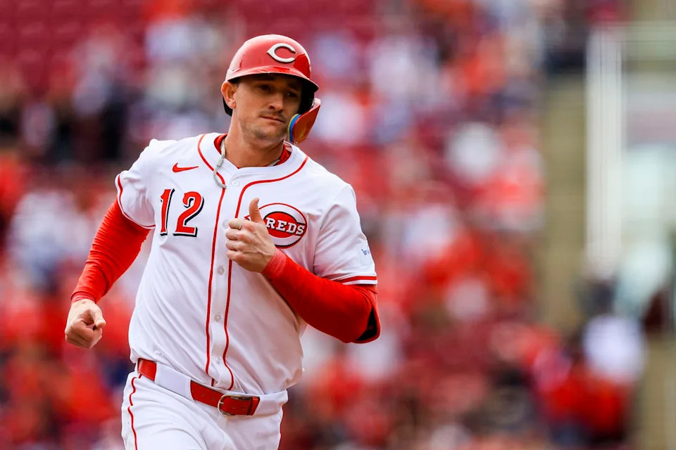 Apr 17, 2025; Cincinnati, Ohio, USA; Cincinnati Reds designated hitter Austin Hays (12) runs the bases after hitting a two-run home run in the first inning against the Seattle Mariners at Great American Ball Park. Mandatory Credit: Katie Stratman-Imagn Images