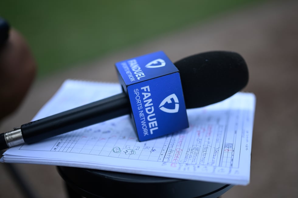 A FanDuel Sports Network mic flag is viewed during the Miami Marlins pre-game broadcast before...