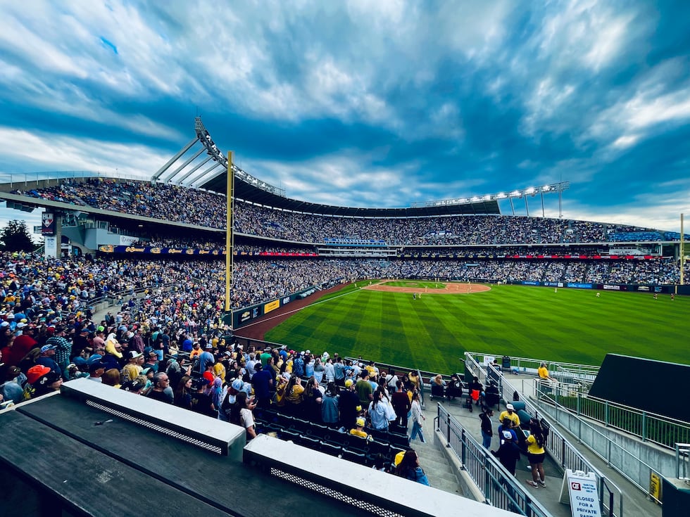 A photo of Kauffman Stadium during a Royals game.