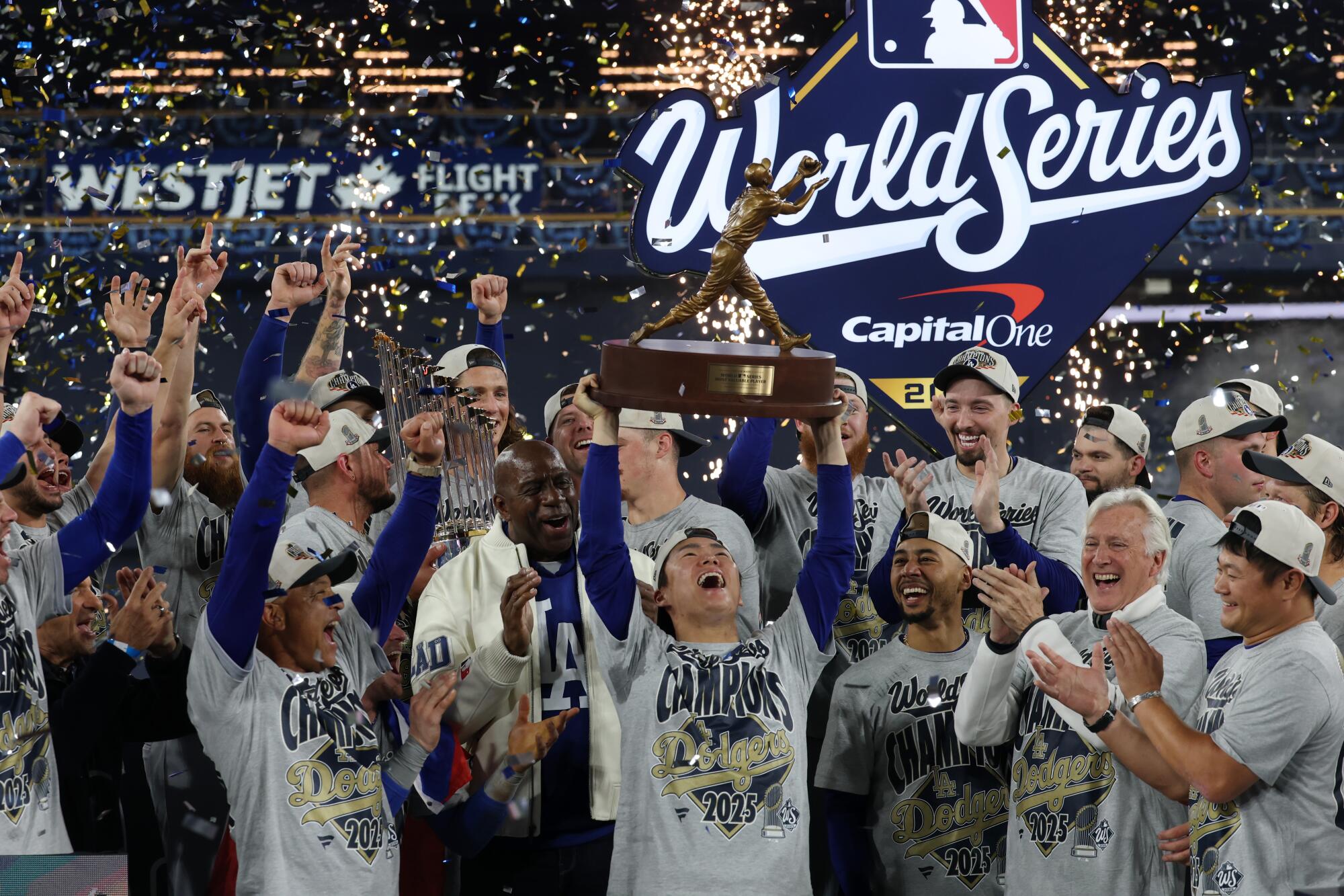 Dodgers celebrate after winning Game 7 of the 2025 World Series.