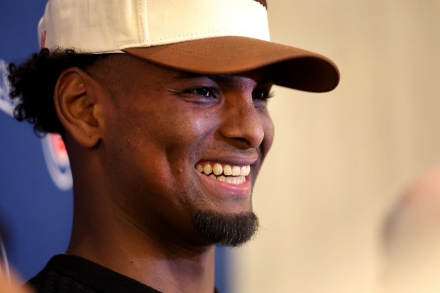 Chicago Cubs pitcher Edward Cabrera speaks to the media during day 1 of the Cubs Convention at the Sheraton Grand Chicago on Friday, Jan. 16, 2026. (Chris Sweda/Chicago Tribune)