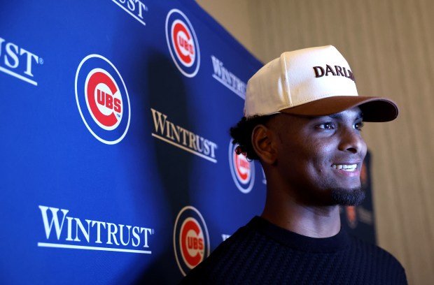 Chicago Cubs pitcher Edward Cabrera speaks to the media during day 1 of the Cubs Convention at the Sheraton Grand Chicago on Friday, Jan. 16, 2026. (Chris Sweda/Chicago Tribune)