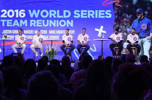 Former Cubs players from the 2016 World Series Champions team, including Justin Grimm, from left, Miguel Montero, Mike Montgomery, Anthony Rizzo, Pedro Strop and Ben Zobrist participate in a discussion during the Cubs Convention at the Sheraton Grand Chicago Riverwalk on Jan. 17, 2026. (John J. Kim/Chicago Tribune)