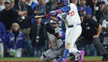 Los Angeles Dodgers outfielder Teoscar Hernández hitting a single in the 2025 World Series.