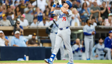 Los Angeles Dodgers infielder Alex Freeland celebrates a home run against the San Diego Padres.
