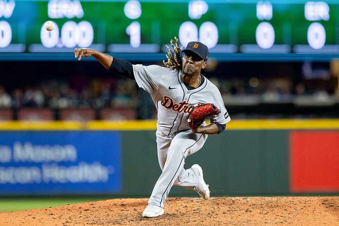 SEATTLE, WA - OCTOBER 04: Rafael Montero #99 of the Detroit Tigers pitches during Game One of the American League Division Series presented by Booking.com between the Detroit Tigers and the Seattle Mariners at T-Mobile Park on Saturday, October 4, 2025 in Seattle, Washington. (Photo by Casey Paul/MLB Photos via Getty Images)