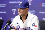 Newly acquired Texas Rangers starting pitcher MacKenzie Gore responds to questions from the...