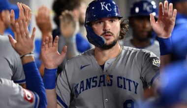 FILE - Kansas City Royals Vinnie Pasquantino (9) celebrates in the dugout after scoring a run against the Los Angeles Angels in the ninth inning of a baseball game Thursday, Sept. 25, 2025, in Anaheim, Calif. (AP Photo/Wally Skalij, File)