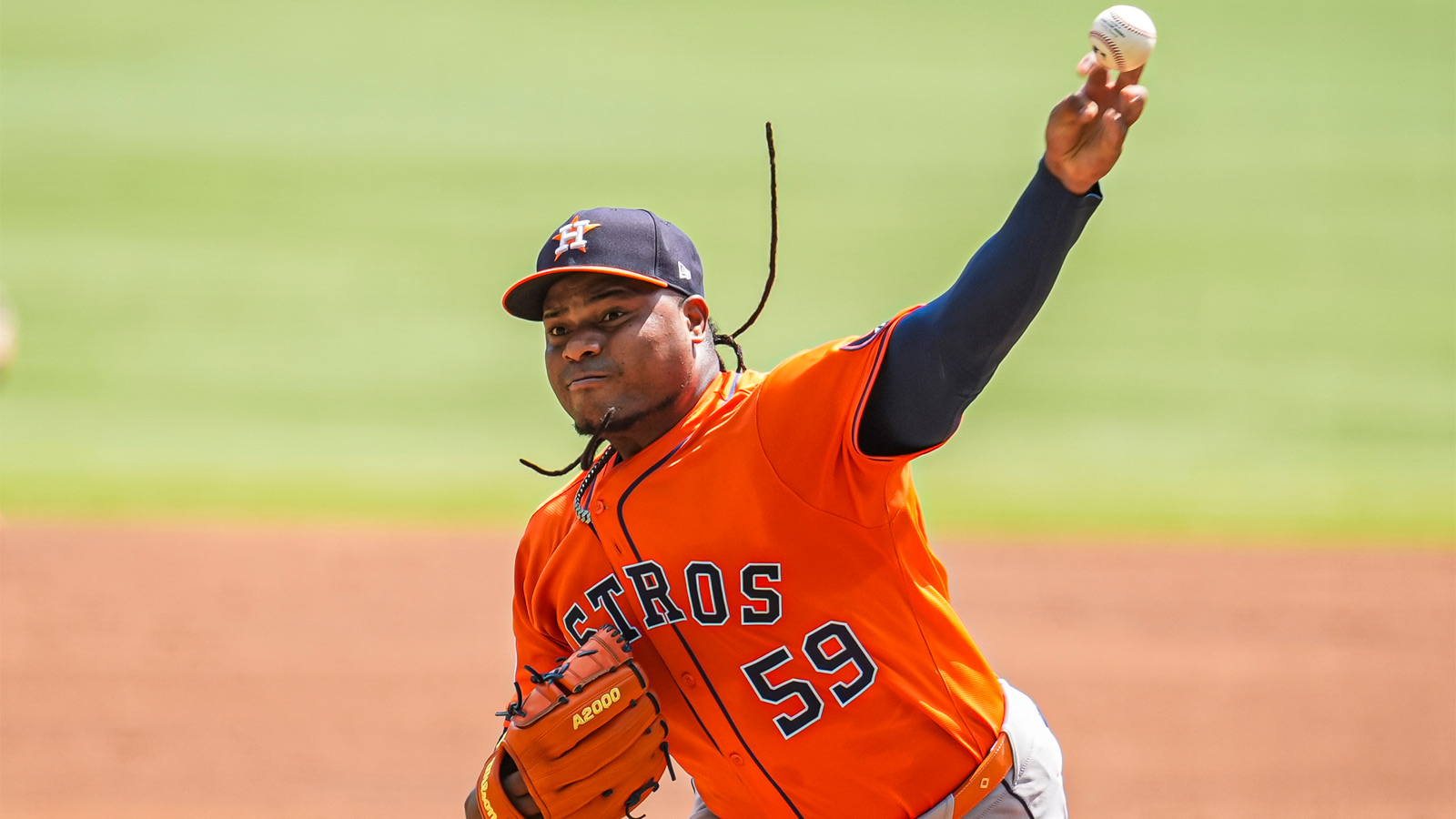 Houston Astros starting pitcher Framber Valdez (59) pitches against the Atlanta Braves during the first inning at Truist Park