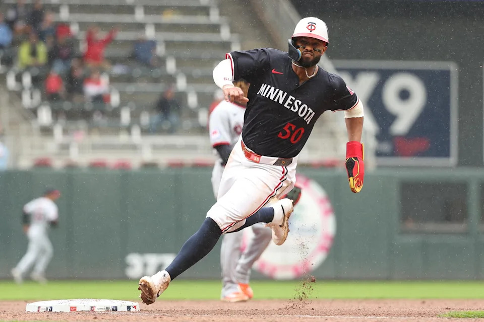May 21, 2025; Minneapolis, Minnesota, USA; Minnesota Twins right fielder Willi Castro (50) rounds third base to score on a single hit by designated hitter Ryan Jeffers (27) in the third inning during game two of a doubleheader against the Cleveland Guardians at Target Field. Mandatory Credit: Matt Krohn-Imagn Images