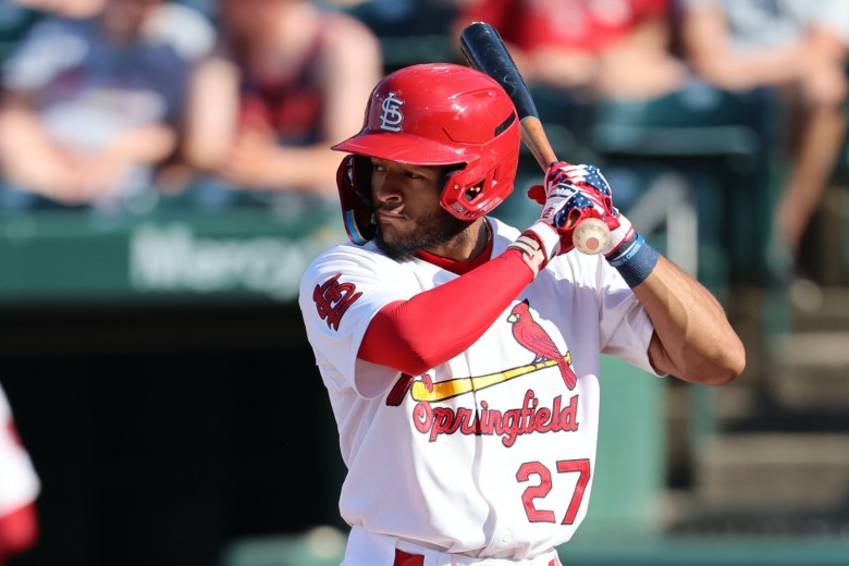 Victor Scott II, wearing a Springfield Cardinals uniform, gets ready to hit the ball during a game