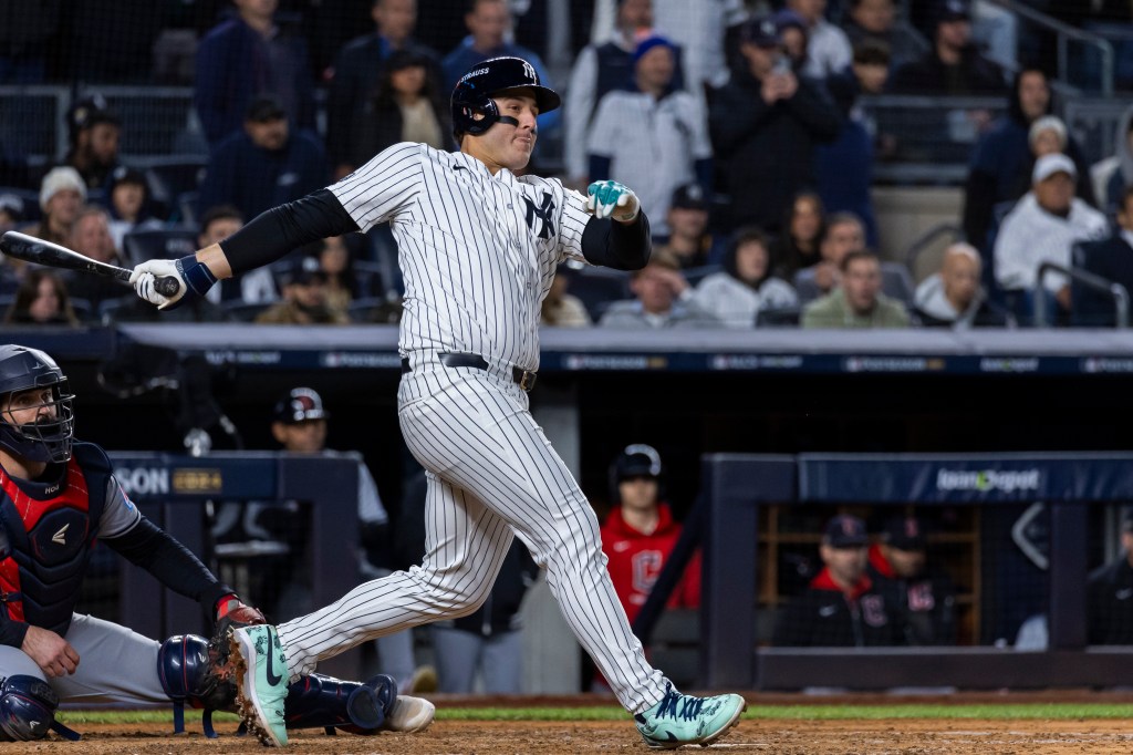 New York Yankeesâ Anthony Rizzo (48) hits an RBI double scoring  Anthony Volpe (11) in the sixth inning of game two of the ALCS against the Cleveland Guardians at Yankee Stadium, Tuesday, Oct. 15, 2024, in Bronx, NY. (Corey Sipkin for the NY POST Photo/Corey Sipkin)
New York Yankees vs. Cleveland Guardians, ALCS