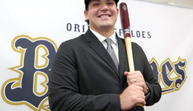 ポーズを決めるオリックスのボブ・シーモア（カメラ・義村　治子）