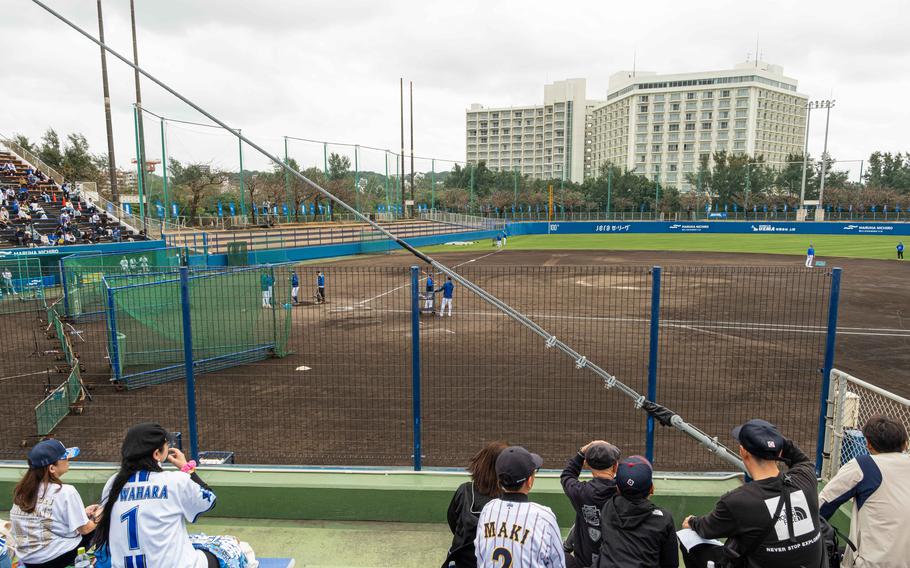 Yokohama DeNA BayStars players practicing during spring training.