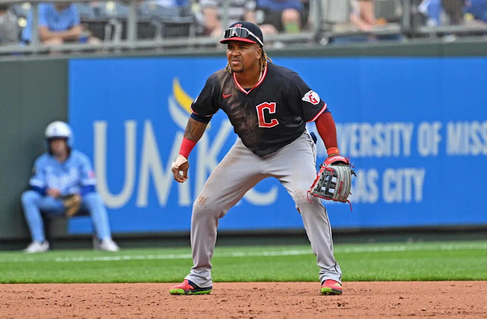 Mar 29, 2025; Kansas City, Missouri, USA; Cleveland Guardians third baseman Jose Ramirez (11) gets set on defense in the fifth inning against the Kansas City Royals at Kauffman Stadium. Mandatory Credit: Peter Aiken-Imagn Images