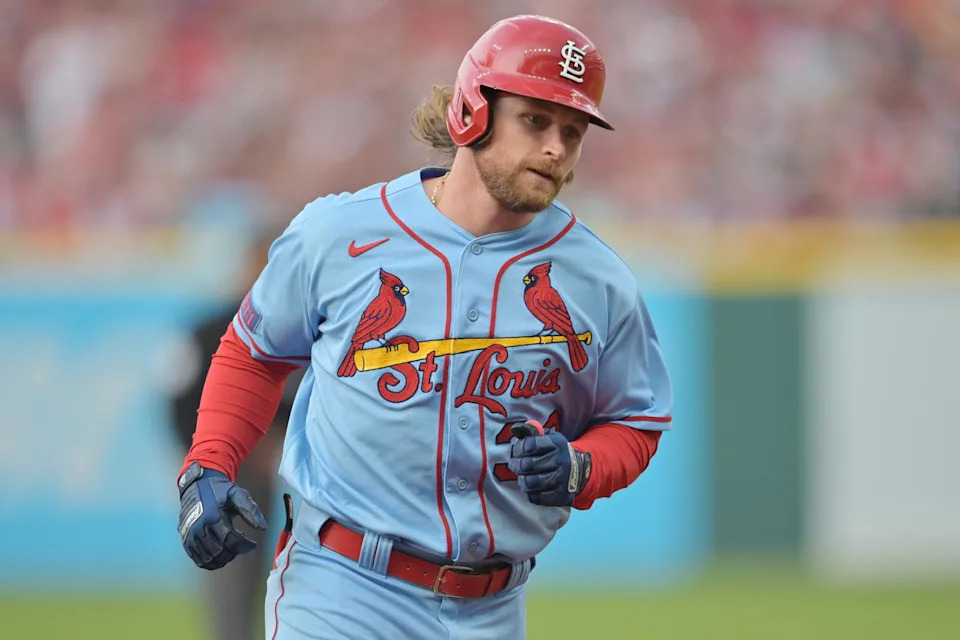 May 27, 2023; Cleveland, Ohio, USA; St. Louis Cardinals right fielder Brendan Donovan (33) rounds the bases after hitting a home run during the second inning against the Cleveland Guardians at Progressive Field. Mandatory Credit: Ken Blaze-Imagn Images