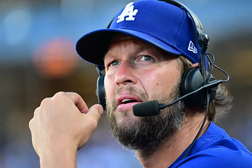LOS ANGELES, CA - JUNE 15: Clayton Kershaw (22) of the Los Angeles Dodgers is interviewed in the dugout while playing the San Francisco Giants during a regular season MLB game on June 15, 2025, at at Dodger Stadium in Los Angeles. CA. (Photo by John McCoy/Icon Sportswire via Getty Images)