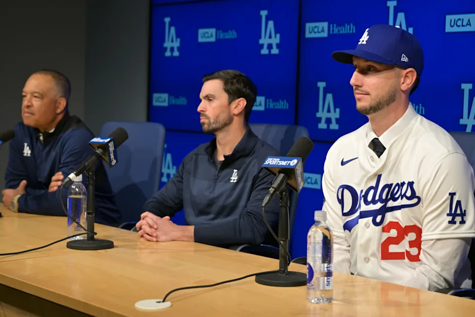Los Angeles Dodgers outfielder Kyle Tucker at his introductory press conference with Manager Dave Roberts and general manager Andrew Friedman.